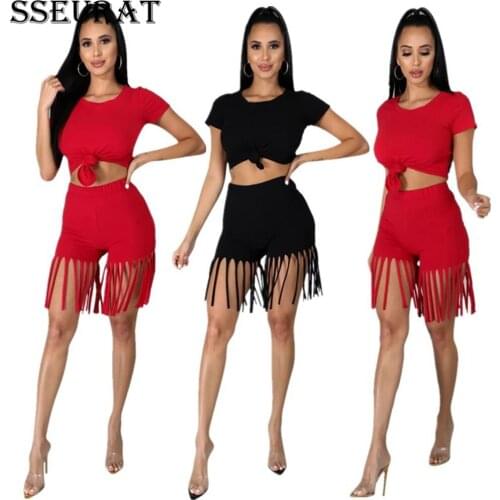 SSEURAT 2021 Summer Women Solid Two Piece Set Sporting Classic Tee Top Tassel Shorts Tracksuit Fashion Street Outfit