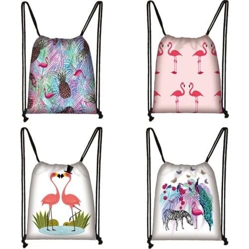 Cartoon Flamingo Print Drawstring Bag Women Travel Bag Teenager School Bag Brown Girl And Boy Backpack Fashion Storage Bags K504