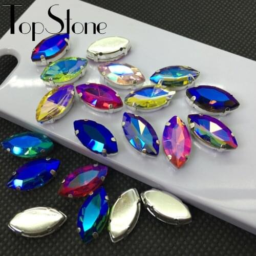 TopStone Colors AB Horse Eye Sew On Glass Crystal Navette Fancy Stone with Silver Metal Claw Setting for Dress Making