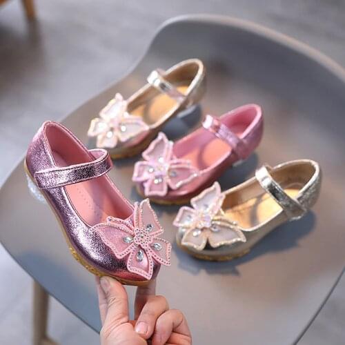 Pink Gold Girls Princess Shoes Kids Leather Shoes For Wedding and Party bow tie High heels performance Shoes Children 3-12T