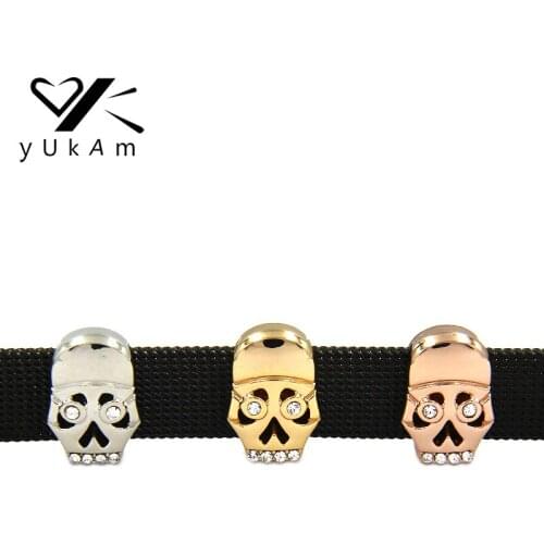 YUKAM Sliders Crystal Rhinestone Skull Head Skeleton Slide Charms Keeper for Stainless Steel Keeper Bracelets Accessories Making