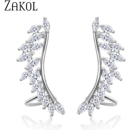 ZAKOL Fashion Feather Zirconia Crystal Wings Stud Earrings for Women Leaf Earrings Pins Wedding Jewelry FSEP664