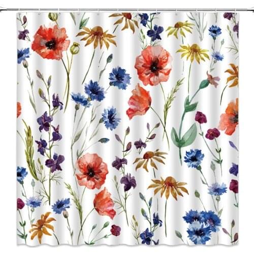 Watercolor Flower Shower Curtain Floral Plant Themed Pattern Bathroom Decor Polyester Fabric Home Bath Cloth Hanging Curtain Set