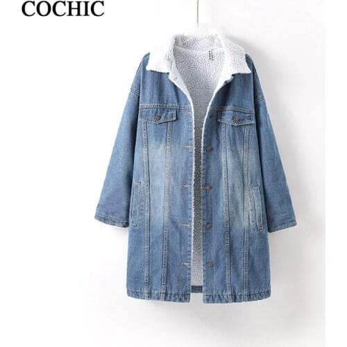 Women Mid-long Pocket Denim Winter Thick Warm Jacket Casual Turn down collar Polar Fleece Coat Plus Size