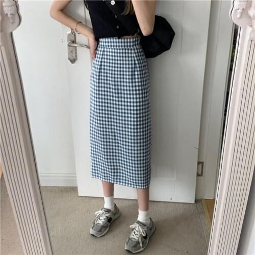 Woman skirts Summer 2021 new plaid slit high waist A-line skirt is thin mid-length skirt