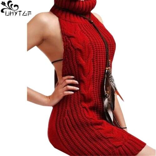 UHYTGF Sexy Knitted Sweater Women Backless Sweater Bodysuit Turtleneck Hollow Japanes Sweaters Sleeveless Pullovers red Dress330