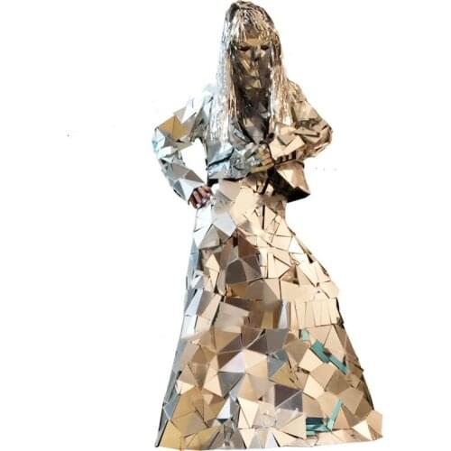 Women mirror dress nen suit Space future show party silver mirror costume Cosplay future wedding clothing