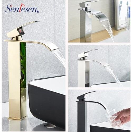 Senlesen Golden Bathroom Basin Faucet Waterfall Spout for Vanity Vessel Sink Deck Mounted Hot and Cold Water Mixer Tap