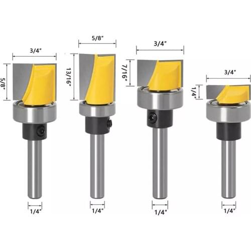 4pcs Trim Router Bit Set - 1/4" 6mm Shank - 5 Bit Pattern/Template Woodworking cutter Tenon Cutter for Woodworking Tools