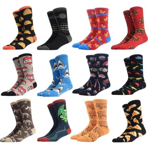 5 Pairs/lot Mens Funny Colorful Combed Cotton Socks Novelty Pattern Long Tube Crazy Wedding Skateboard Socks For Happy Men Sox