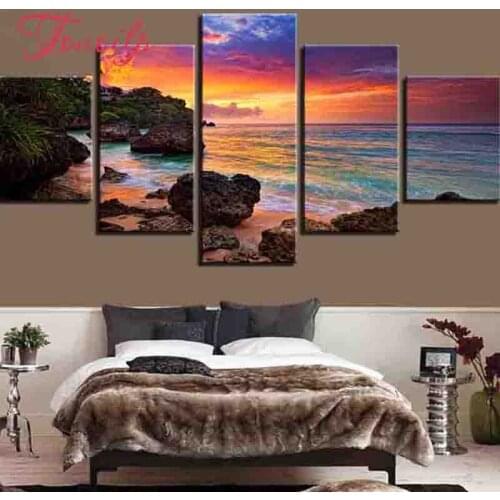 Diy 5d diamond painting cross stitch,Sunrise,beach,diamond embroidery,stickers,3d picture,painting mosaic,wedding decor,5pcs/set