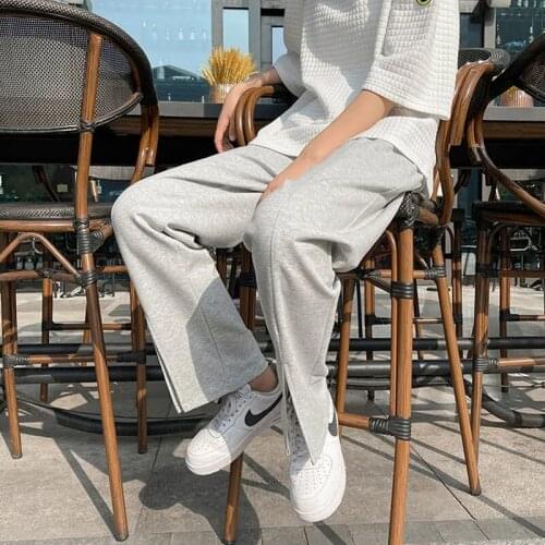 Wide-Leg Pants Mens Fashion Black Gray Split Fork Casual Trousers Male Streetwear 2021 Korean Loose Straight Joggers Sweatpants