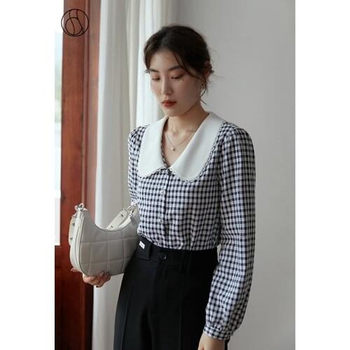 DUSHU Ladies Tops Contrast Checked Doll Collar Shirt Womens Slim Long-sleeved Tops Pearls Button Up Plaid Shirt Shirts Women