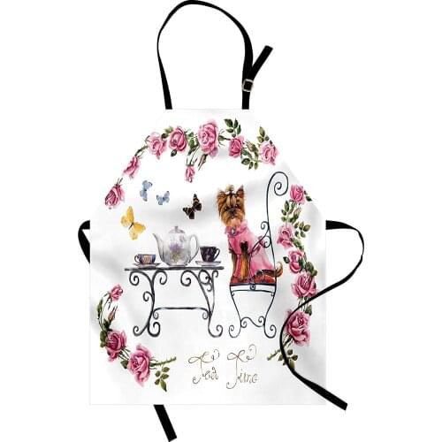 Yorkie Apron Yorkshire Terrier in Pink Dress Having a Tea Party Tea Time Butterflies Roses Women Men Kids Kitchen Pinafore