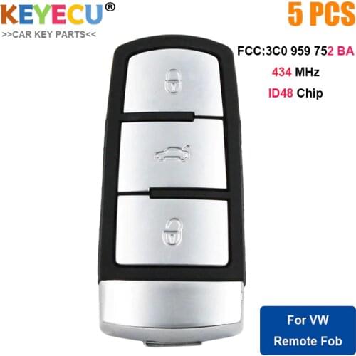 KEYECU 5PCS Smart Remote Control Car Key for Volkswagen Passat B6 3C B7 Magotan CC, 3 Buttons - 434MHz- ID48 Chip - 3C0959752BA