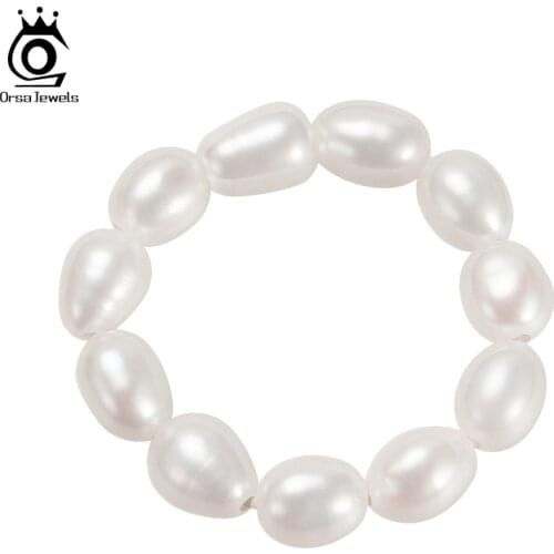 ORSA JEWELS Width Rice Shape Natural Freshwater Pearl Stretch Ring for Women 2021 Trendy Adjustable Finger Rings Jewelry GPR05