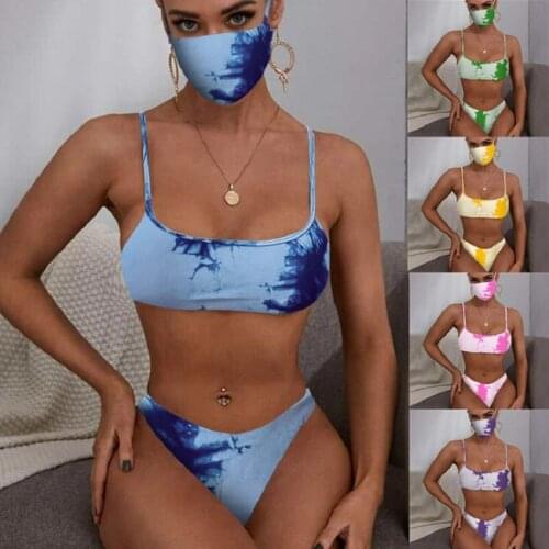 2021 Tie-dye Print Bikini Mask 3 Piece Set Push up Bikinis Sexy Brazilian Women Swimsuit High Waist Swimwear bathing Beach Wear