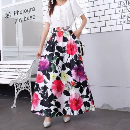 Summer Skirts Womens 2021 Jupe Longue Femme High Waisted Pocket Long Skirt Vintage Floral Striped Maxi Skirt Big Swing Plus size