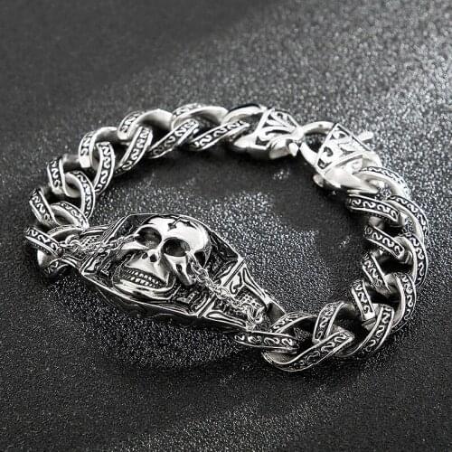 European and American retro vintage creative personality stainless steel titanium skull totem mens bracelet