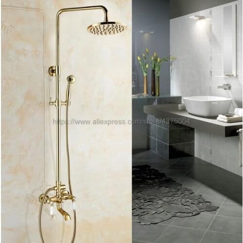 Luxury Gold Color Brass Shower Faucet Set 8" Round Rain Shower Faucet Dual Cross Handles Tub Mixer Tap Ngf362