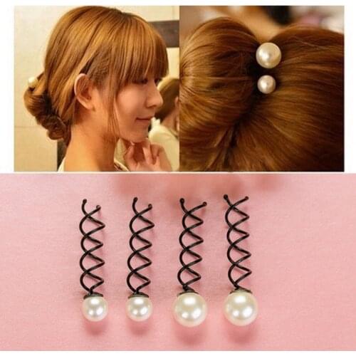 2 Pcs Women Hair Rope Faux Pearl Spin Screw Bobby Pin Hair Clips Twist Barrette Accessory C66