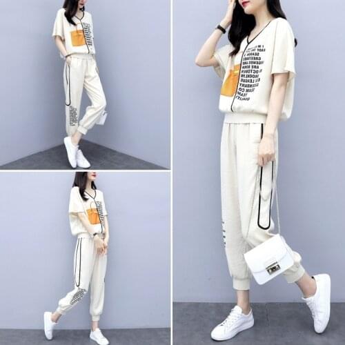 High Quality Pant Sets Women Tracksuit Print Pullovers Elastic Waist Calf-length Pants Two Piece Suit Vintage Casual Streetwear