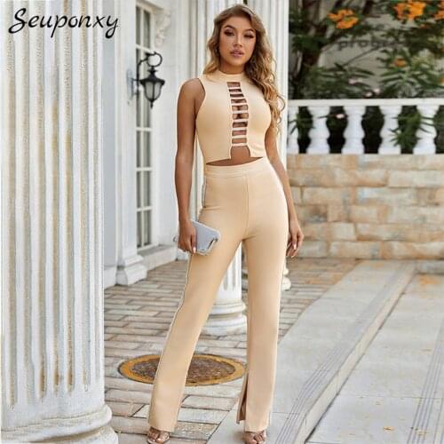 High-quality Hollow Diamond Bodycon Bandage 2 Two-piece Set 2021 Summer Sexy Sleeveless Short Top + High Waist Pants Womens Set