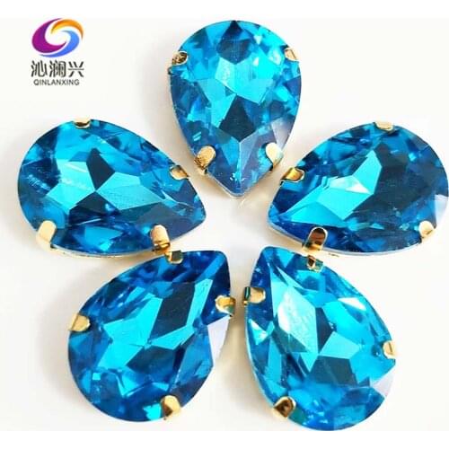 Golden bottom Lake blue DR shape High quality AAA Glass Crystal sew on claw rhinestones,Diy/Clothing accessories SWSG12