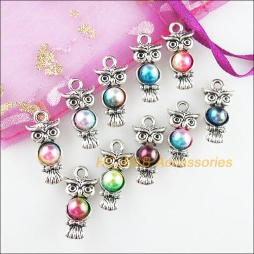 10Pcs Tibetan Silver Tone Animal Mixed Acrylic Owl Birds Charms Pendants 10.5x22.5mm