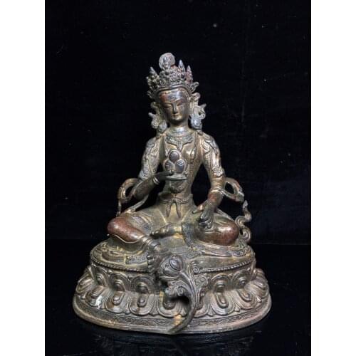8"Chinese temple collection Old Bronze Cinnabar Lacquer Green Tara Bodhisattva Buddha statue Ornaments Town House Exorcism