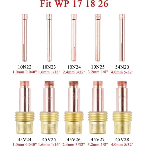 1.0/1.6/2.4/3.2/4.0mm TIG Collet Body Gas Lens Collet 10N22 10N23 10N24 10N25 54N20 45V24 45V25 45V26 45V27 45V28 For WP17 18 26