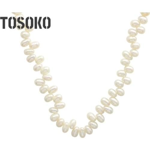 TOSOKO Stainless Steel Jewelry Natural Freshwater Pearl Necklace Crisscross Left And Right Fashion Clavicle Chain BSP195