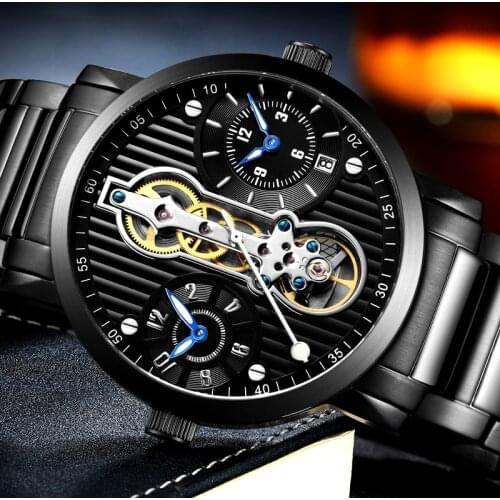 GUANQIN Brand Creative Automatic Men Watch Luxury Tourbillon Skeleton Full Steel Waterproof Mens Business Mechanical Watches