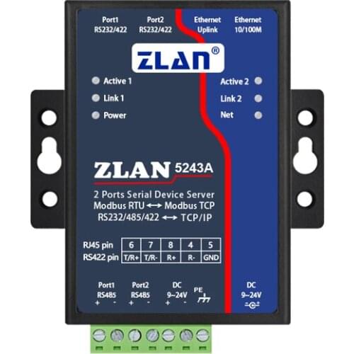 Dual Serial port RS232 RS485 RS422 to Ethernet RJ45 Converter device server ZLAN5243A support Modbus TCP RTU