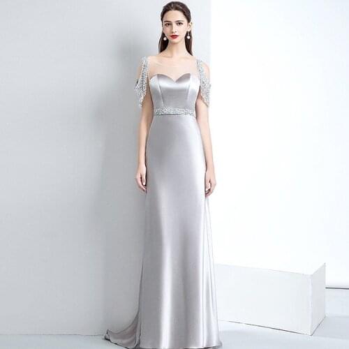 Elegant Silver Satin Tassel Mermaid Prom Dress Cap Sleeve 2020 Crystal Beaded Luxury Wedding Guest Party Celebrity Evening Gowns