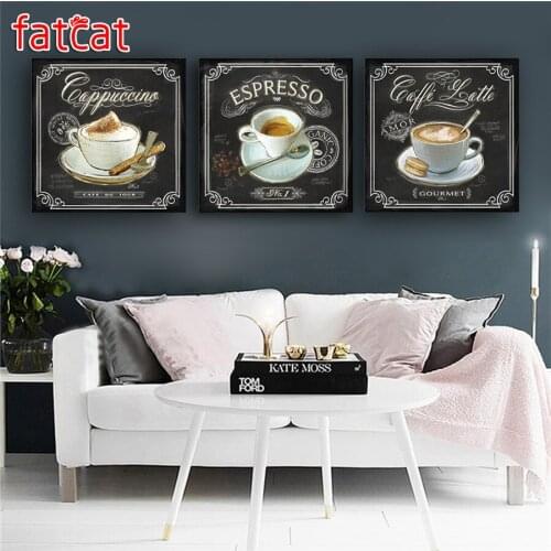 FATCAT 3 pcs sets Kitchen Vintage Coffee diy diamond painting full diamond embroidery rhinestone kit triptych home decor AE1041