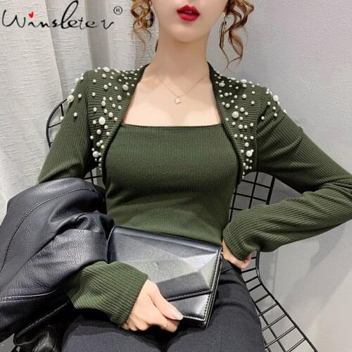 Spring Fall Fake Two Pieces T-Shirt Girls Fashion Sexy Women Tops Long Sleeve Shiny Beads All Match Cotton Tees 2021 T0D008A