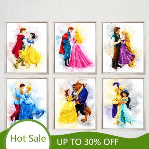 Classic Cartoon Disney Prince and Princess Canvas Paintings Modular Poster Wall Art Picture Room Decor for Girl Room Home Decor