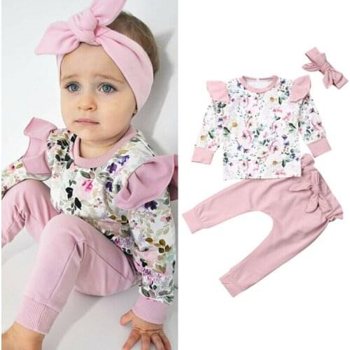 Sweet Newborn Infant Baby Girl Clothes Long Sleeve Flower Cotton Bodysuit Tops Floral Long Pants Headband 3PCS Outfit Set Autumn