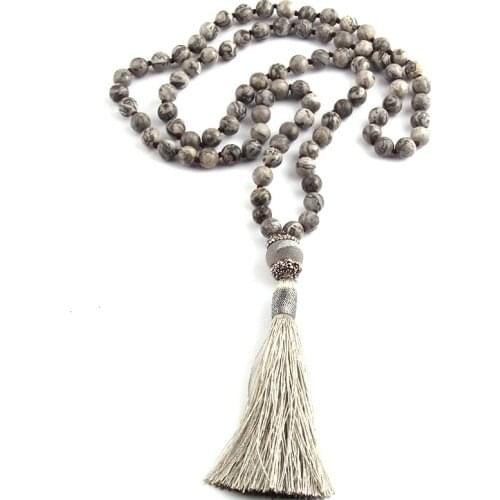 Fashion Bohemian Tribal Jewelry Gray Stones Beads Knotted Tassel Fashion Necklaces Bracelet set For Women Ethnic Necklace