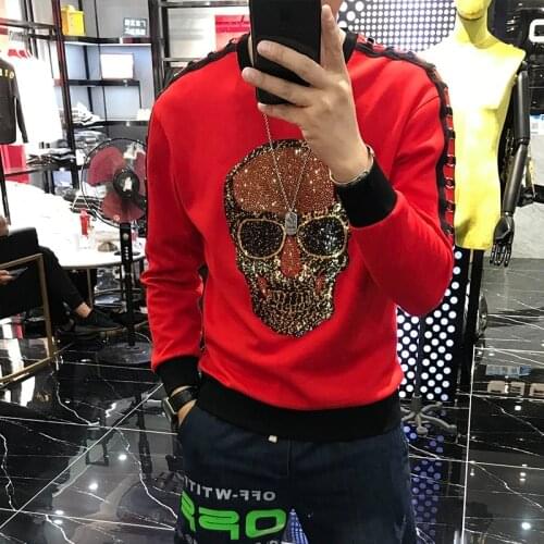 Mens 2021 autumn and winter new personality rhinestone skull round neck casual hoodie