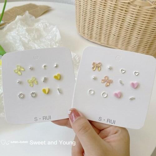 Fashion Sweet Super Fairy S925 Bow Earrings Set Combination Ceramic Love Simple Female Small Earrings Trend