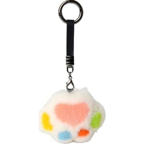 New cute cat paw keychain cute candy color cartoon plush bag pendant car keychain accessories 100% mink fur