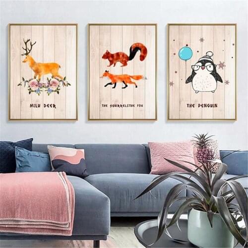 Fox Deer Penguin Animal Picture Poster Canvas Print Painting Wall Art Kids Bedroom Home Decoration