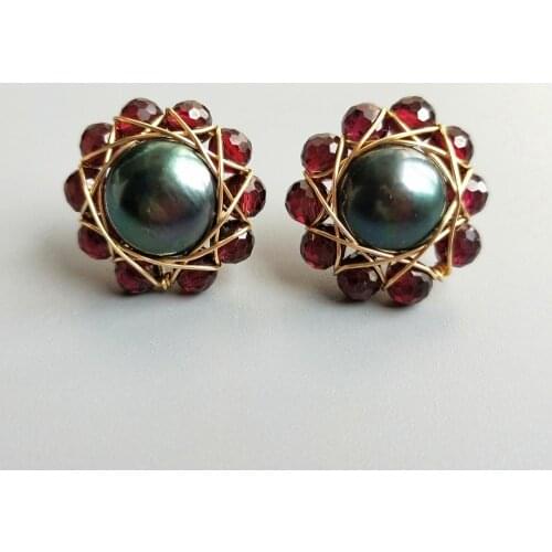 Lii Ji Natural Garnet Black Freshwater Pearl Vintage Style Stud Earrings 925 Sterling Silver Handmade Delicate Jewelry