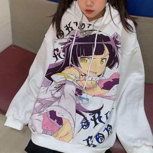 QWEEK Harajuku Anime Manga Print Hoodie Women 2021 Kawaii Cute Oversized Long Sleeve Hoodies Sweatshirt Top Pullover Korean