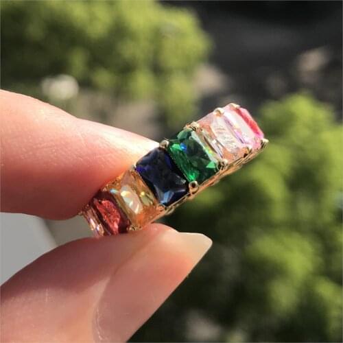 Vintage Gold Color Wedding Ring Fashion Bridal Square Zircon Engagement Ring Charm Female Rainbow Crystal Stone Rings For Women