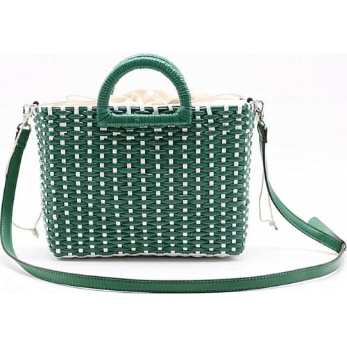 2019 Hand-woven straw bag green white color matching beach bag rattan Shoulder bag Women Crossbody Travel Bag