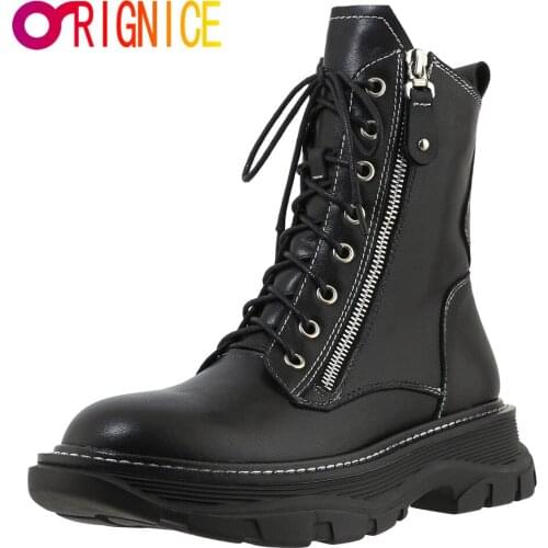 Orignice 2021 Genuine Leather Autumn Winter Ladies Lace Up Buckle Zipper Ankle Boots Platform Thick Bottom Round Toe Women Shoes