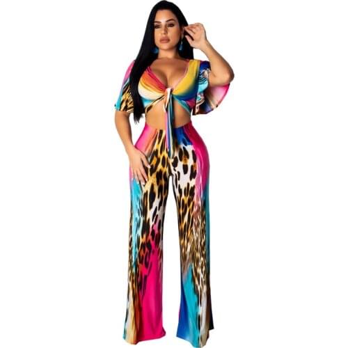 Women 2PCS Outfits Wide Leg Pants Set Bohemian Pants Sets Crop Top Loose Beach Pants Printed